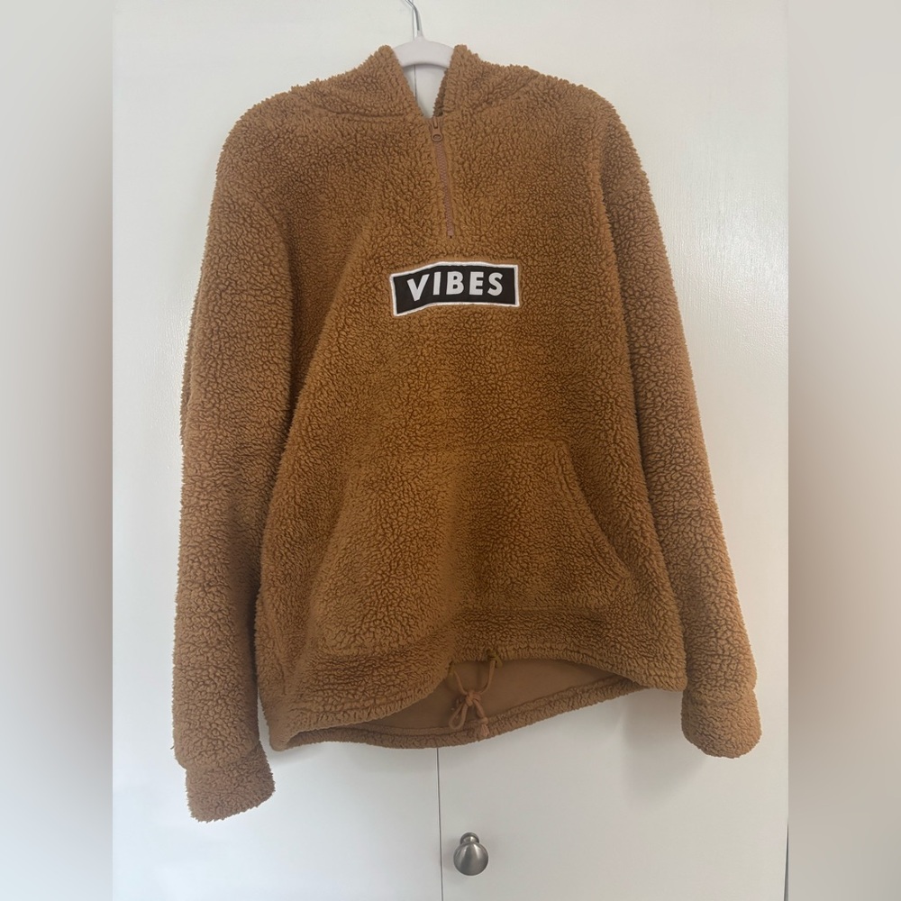 Brooklyn Mfg Co. Sherpa VIBES Hoodie Tan/Camel Quarter Zip Pullover Size M